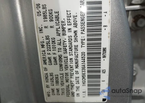 2006 Honda Accord 2.4 Se z USA, uszkodzony, nr VIN 1HGCM56336A144520